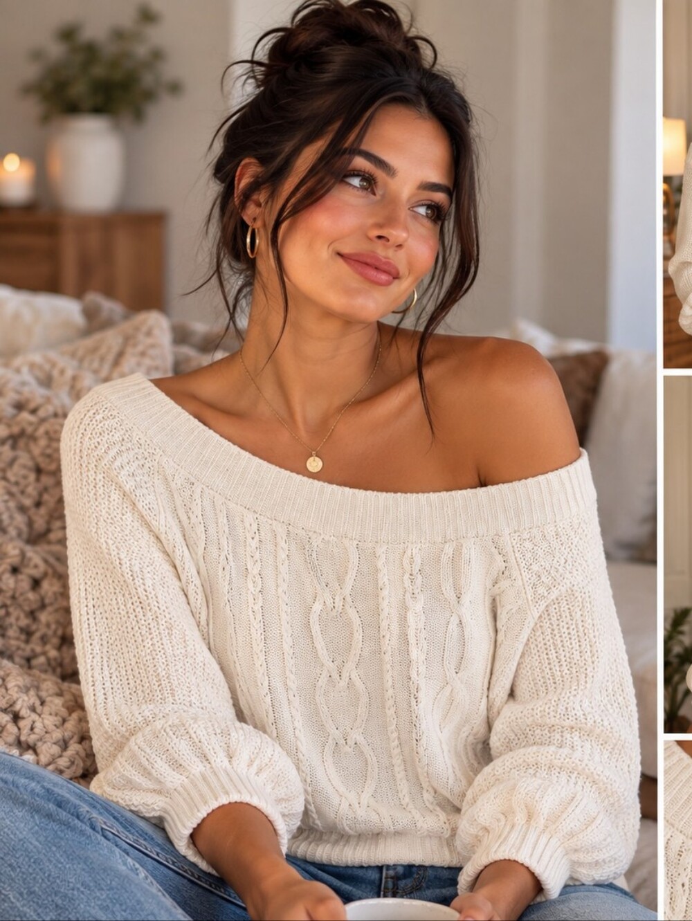 New York & Company Ivory Cable Knit Off Shoulder Sweater Size Large Y2K